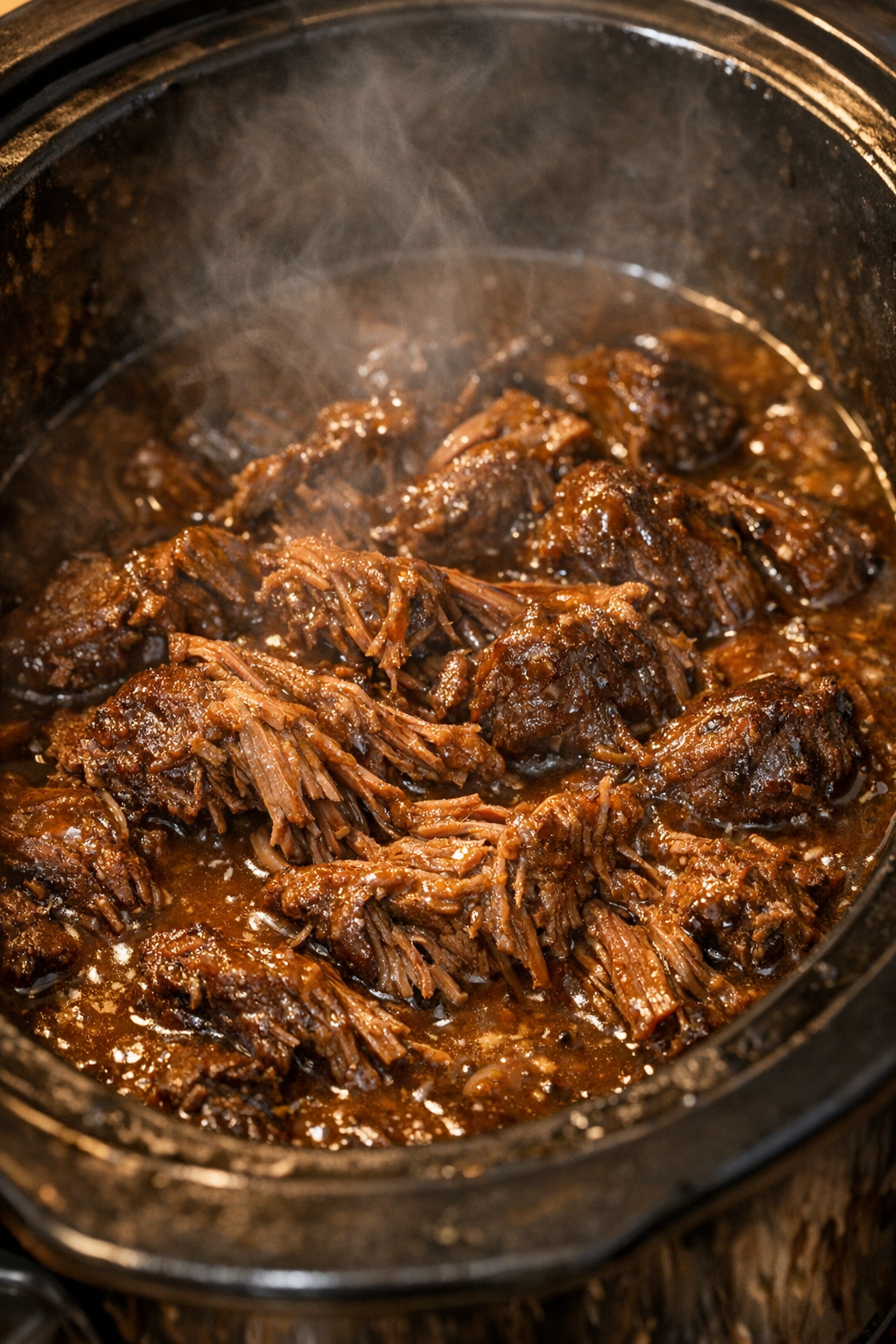 Cooked beef becoming tender in rich brown gravy