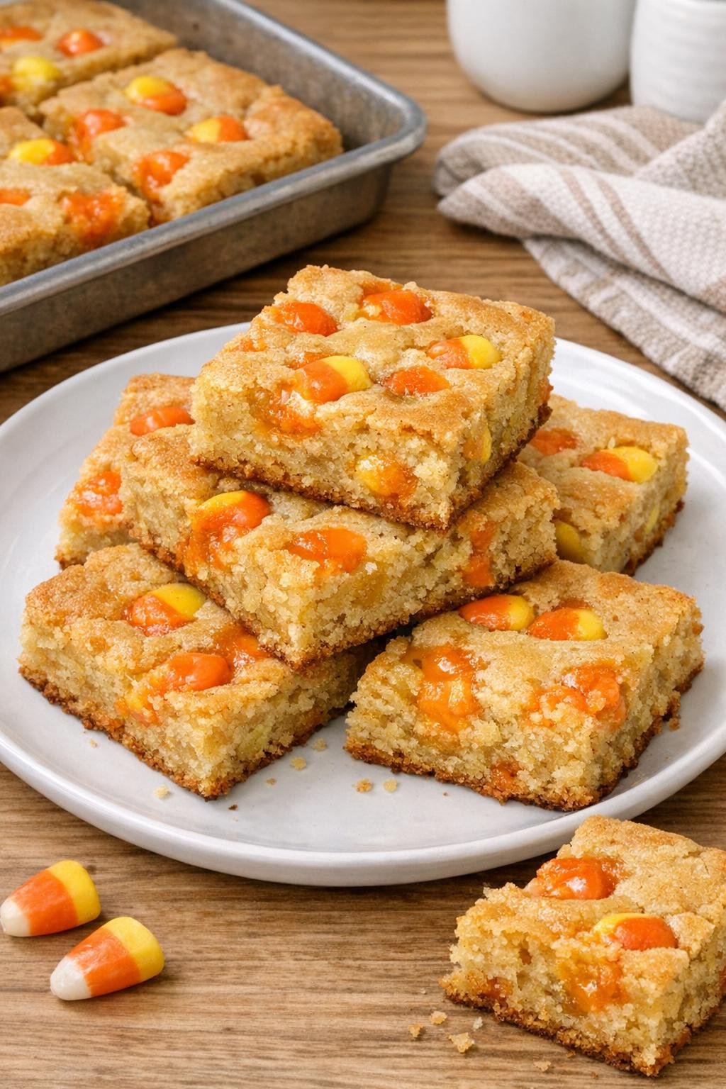 Finished pumpkin mellowcreme blondie bars on a plate