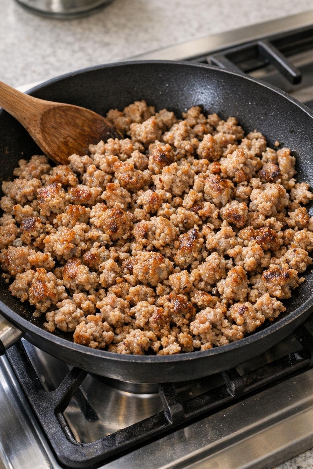 Cooked crumbled sausage in a skillet