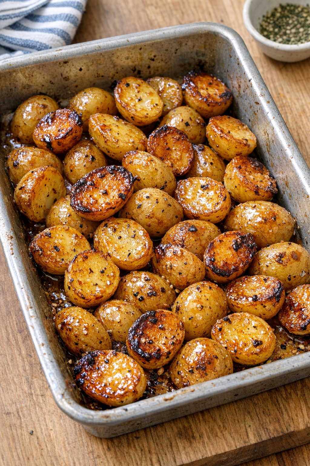 Finished hot honey baby gold potatoes in a baking dish