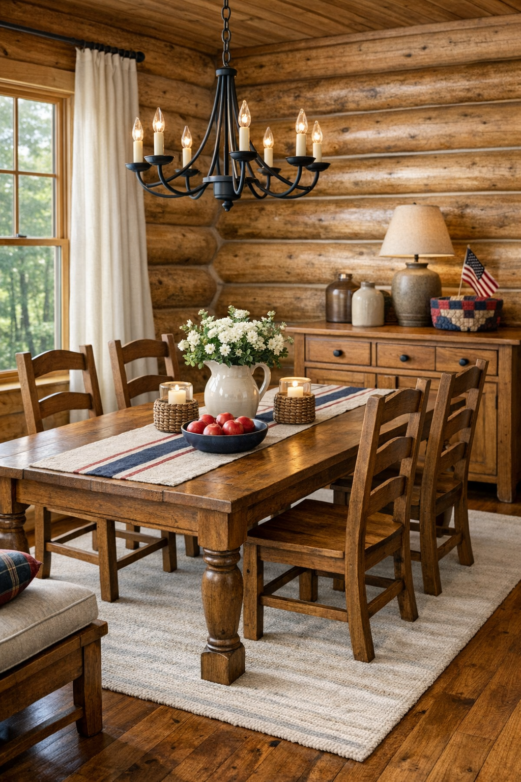 Rustic dining room with solid wood table and Amish-crafted sideboard