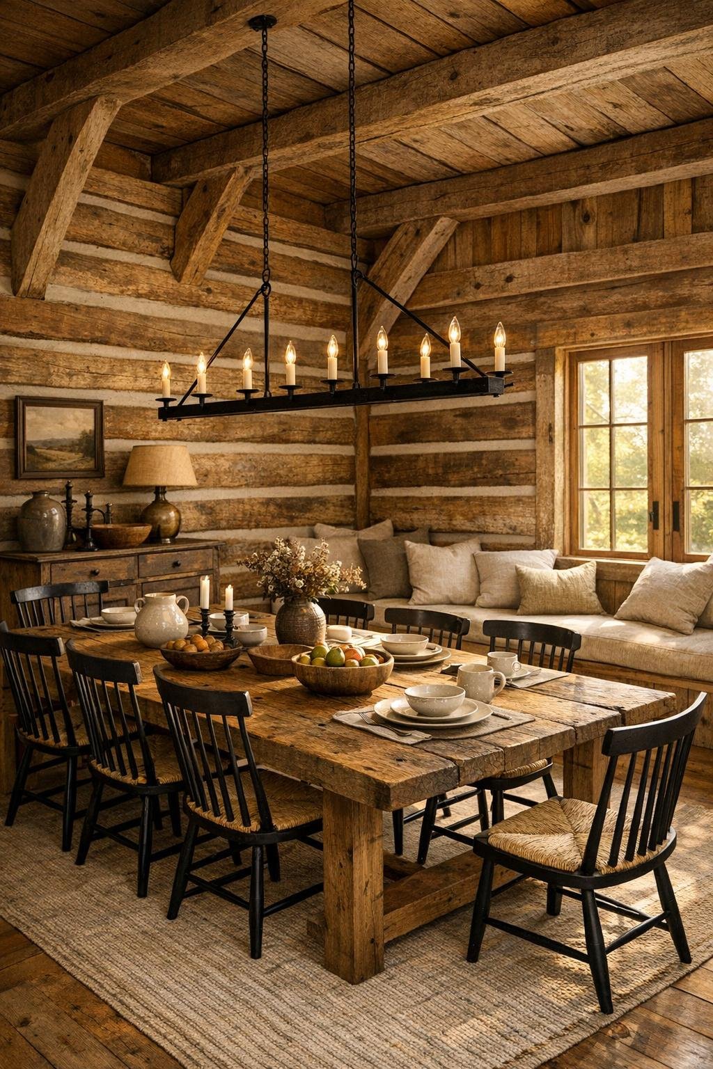Farmhouse dining room with a reclaimed wood table and iron chandelier