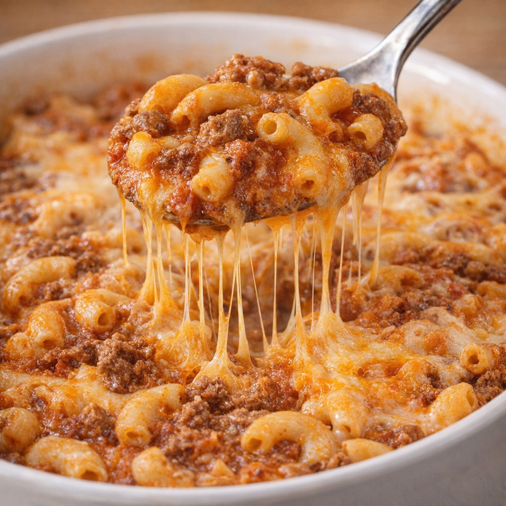 Een bolletje Johnny Marzetti-ijs geserveerd met een laagje kaas.