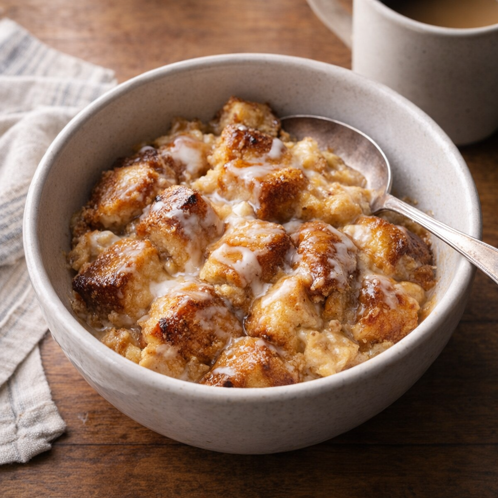 Warm bread pudding served in a bowl