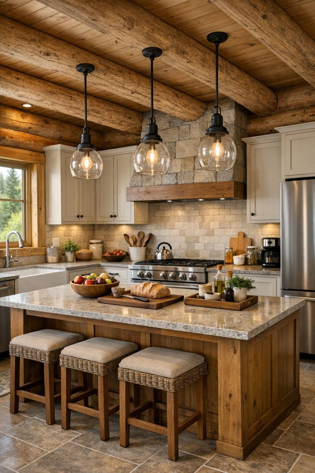 Rustic-modern kitchen with light cabinetry, wood island, and stone counters