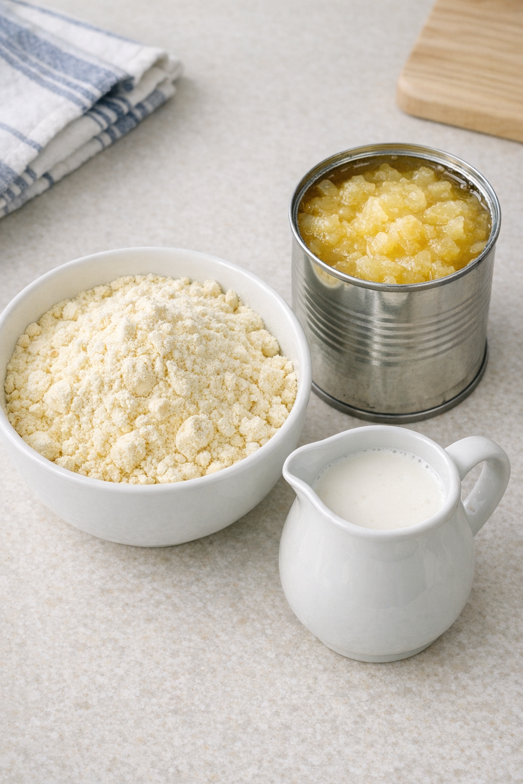 Yellow cake mix, crushed pineapple, and coconut milk on a kitchen counter