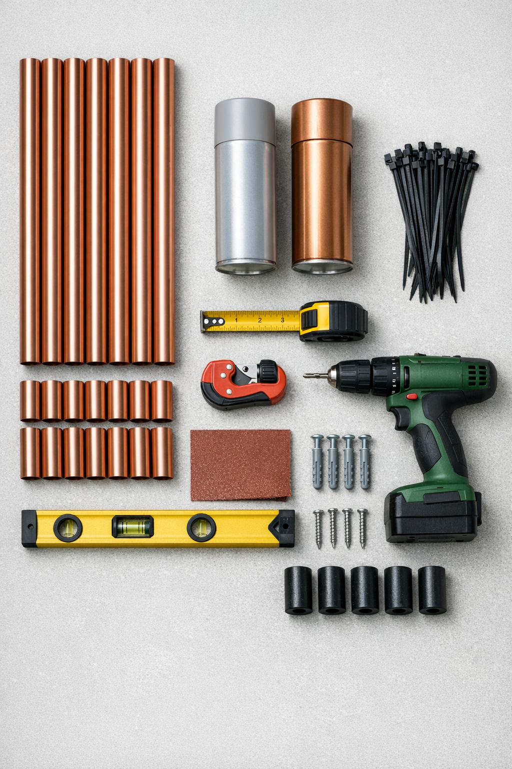 Materials for a painted copper pipe geometric garden trellis laid out neatly