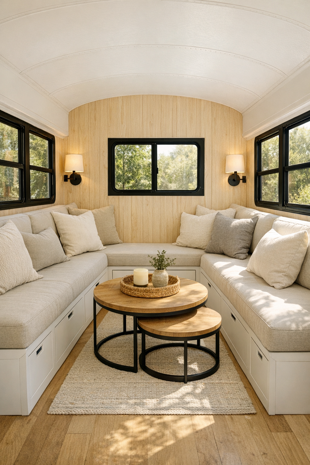 Cozy converted bus living room with built-in bench seating and pale wood finishes