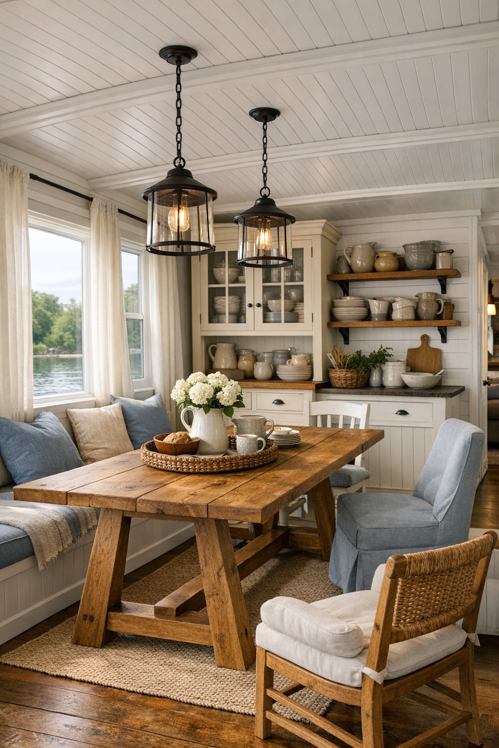 Farmhouse dining room with oak trestle table and cream hutch