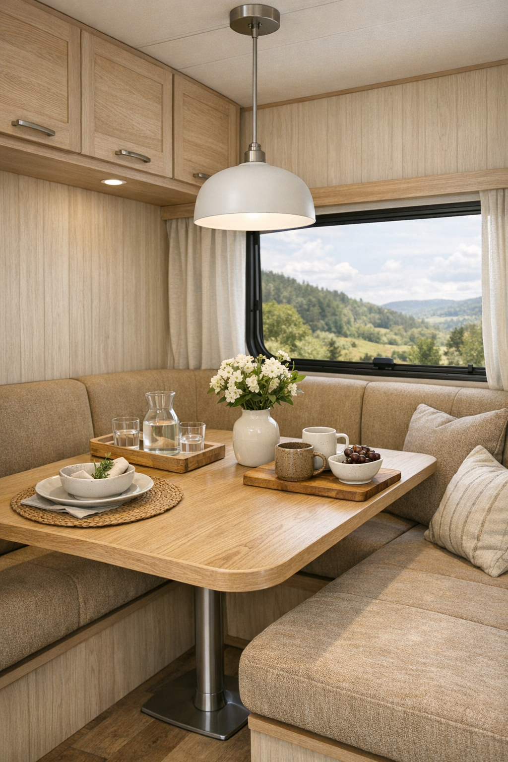 Cozy RV camper dining nook with wraparound banquette and light wood table