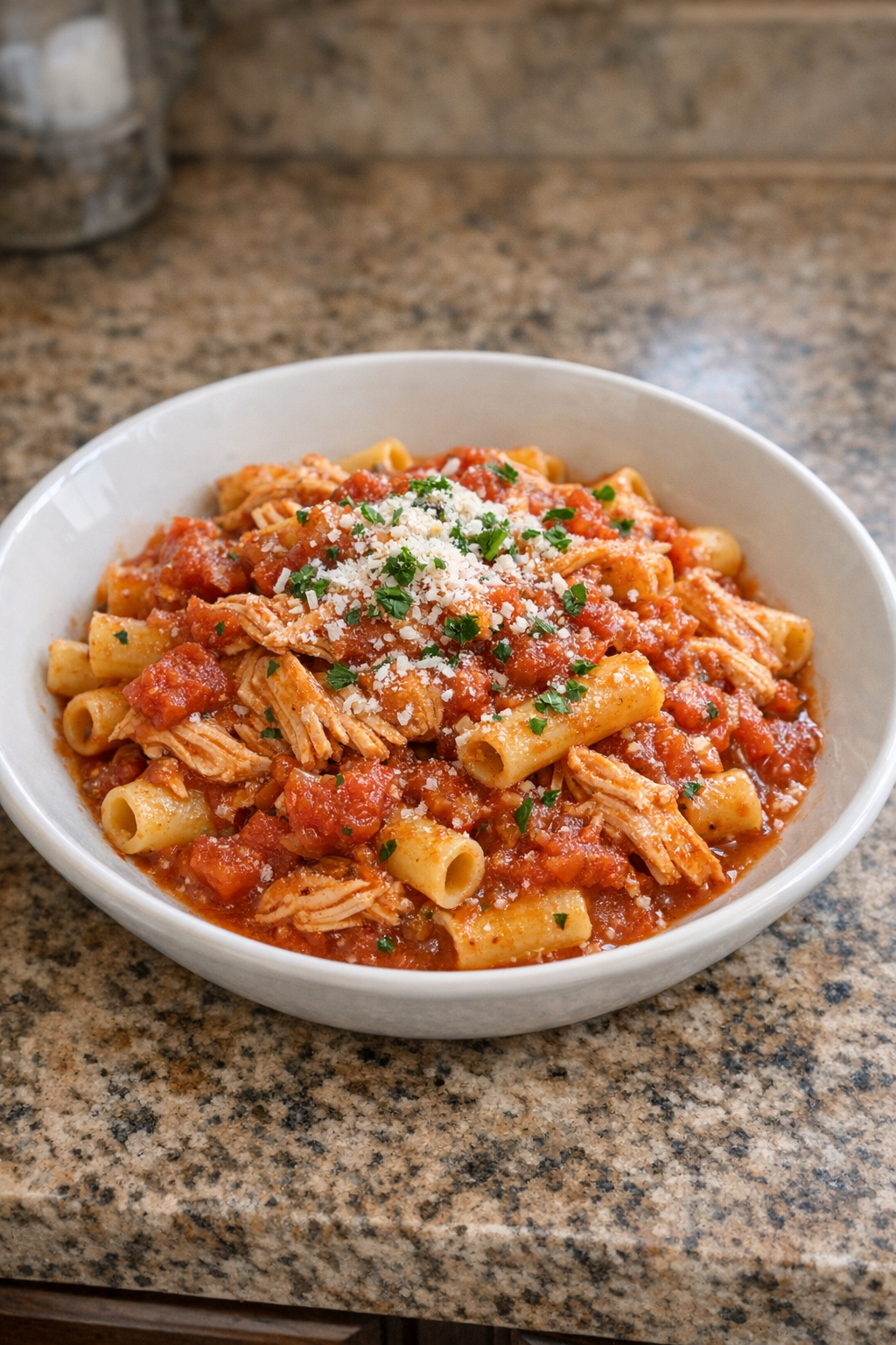Finished plated tomato chicken pasta