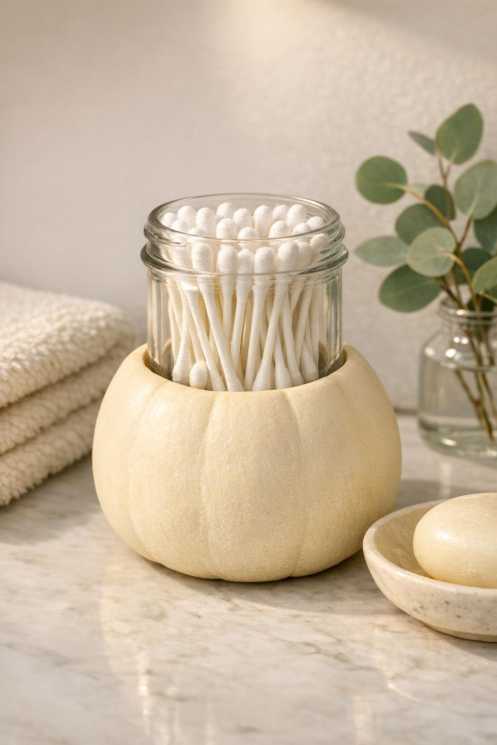 Finished bathroom Q-tip dispenser made from a glass spice jar inserted into a cream-colored decorative gourd
