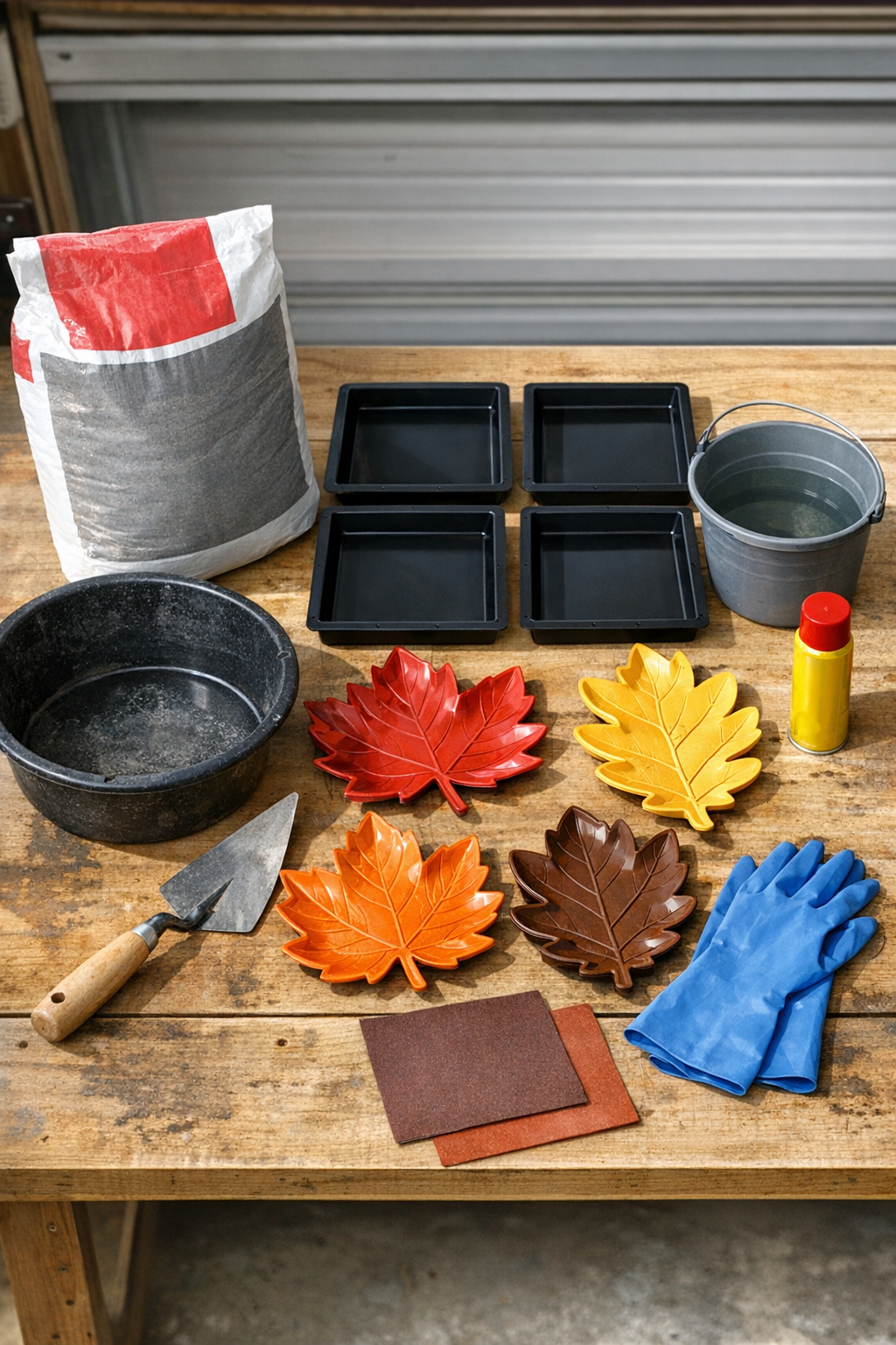 Materials for embossed autumn stepping stones laid out on a work surface