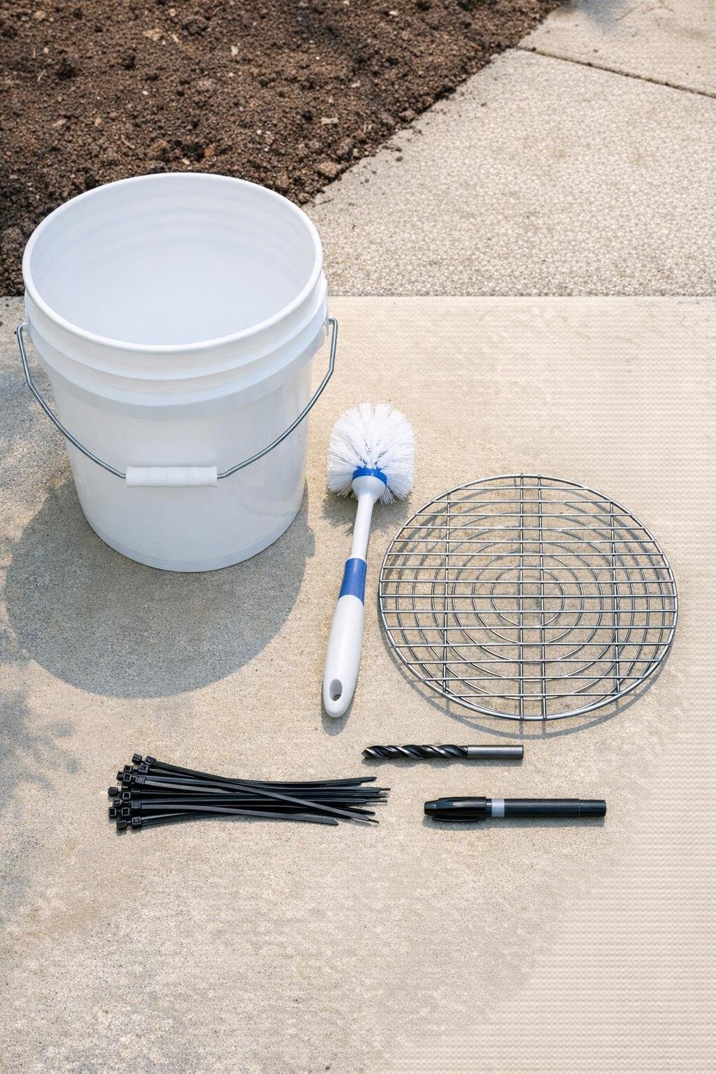 Materials for a bucket plant stake cleaner laid out together