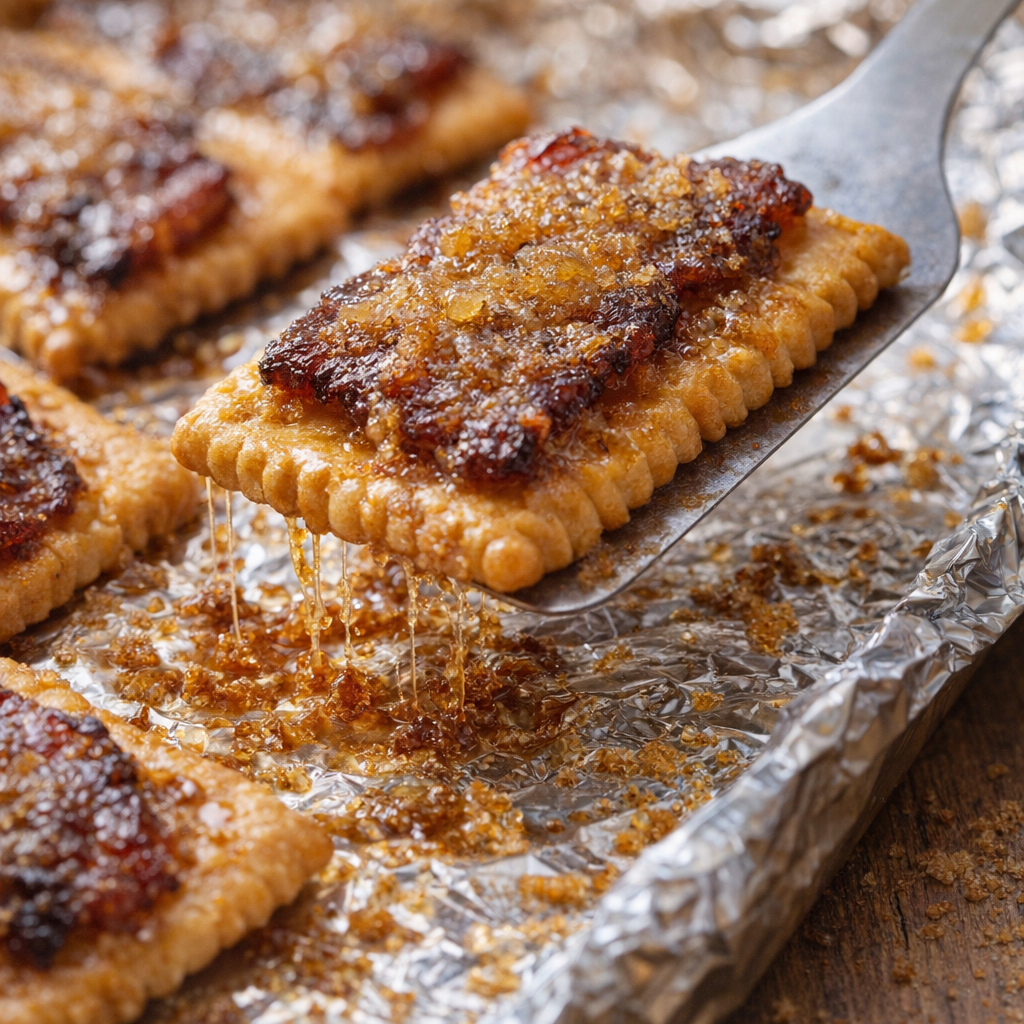 Freshly baked bacon crackers being lifted from the foil
