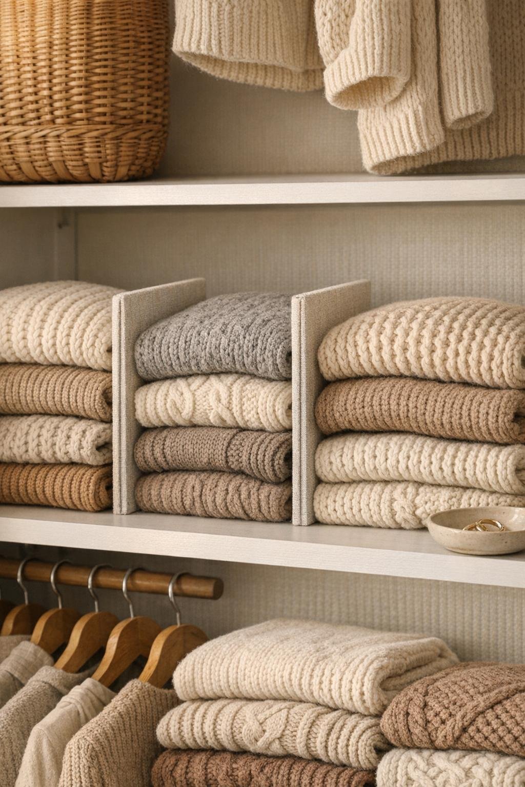 Finished linen-wrapped cardboard sweater dividers on a bedroom shelf