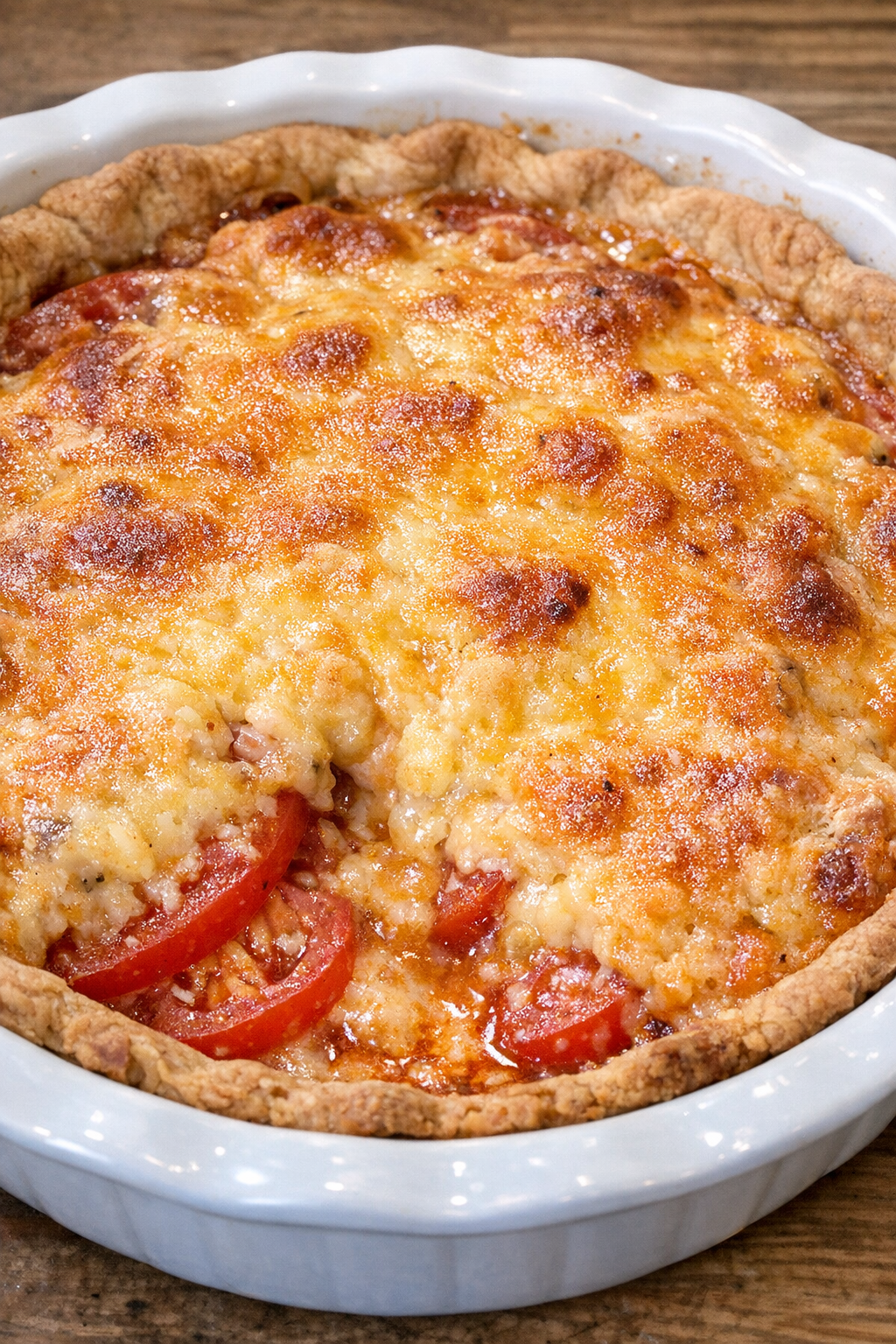 Close-up of bubbling 4-ingredient tomato pie in a white ceramic pie plate