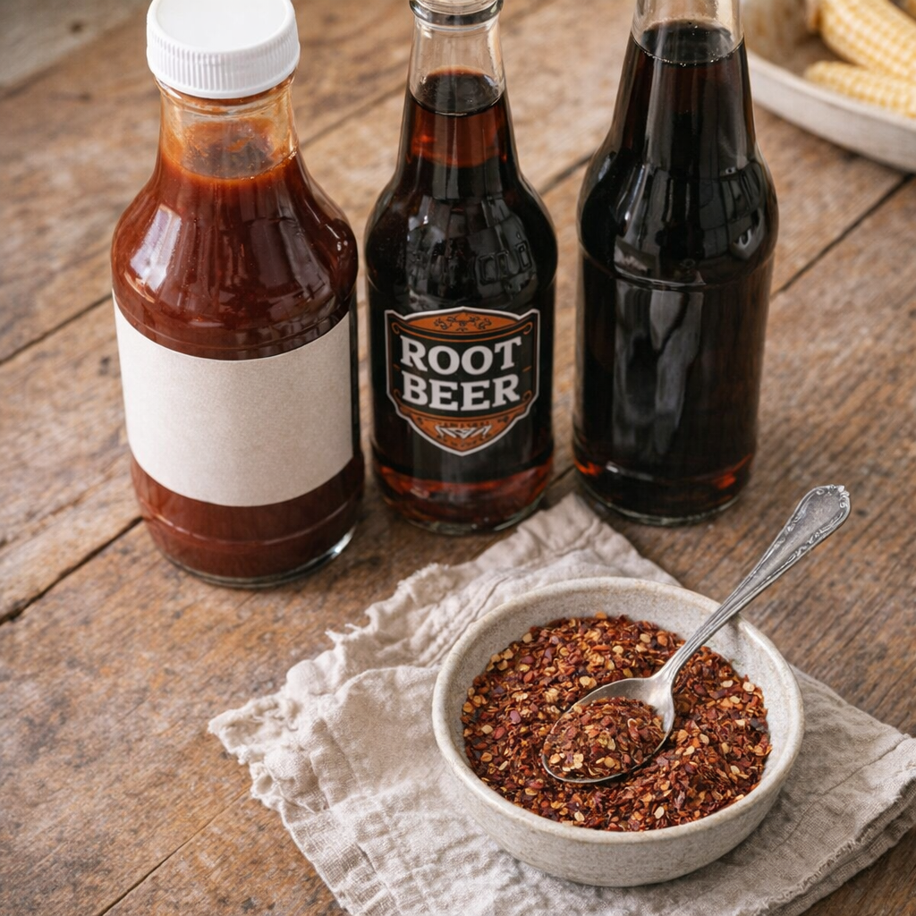 Bottles and ingredients for barbecue sauce variations on a kitchen table
