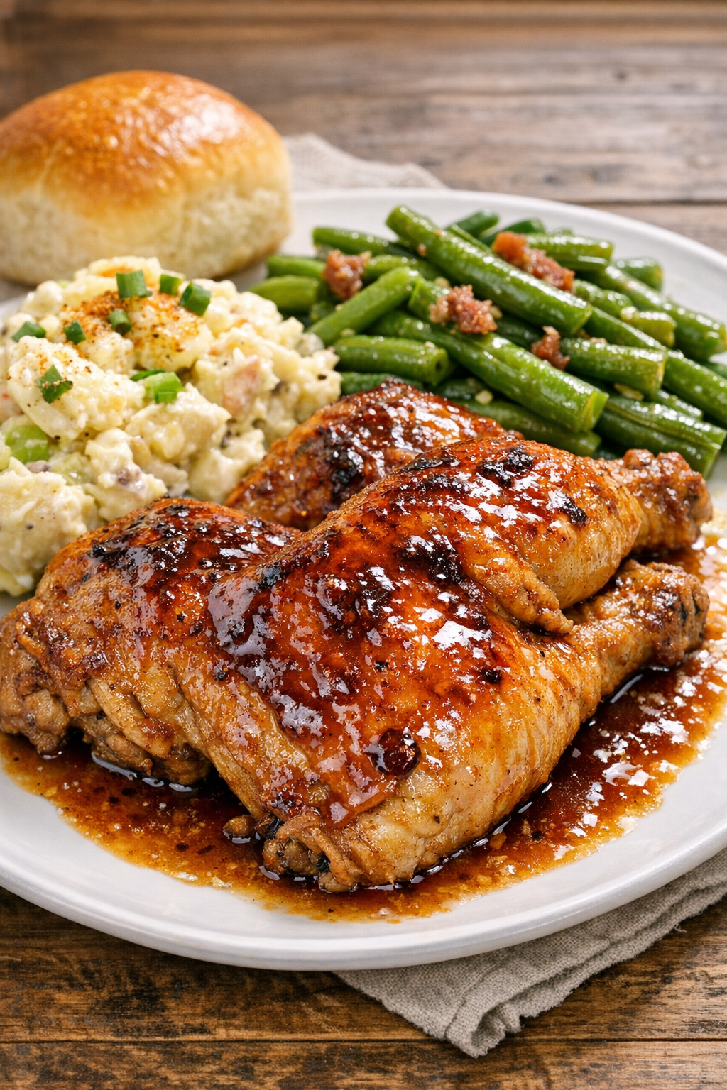 Finished slow cooker chicken plated with summer sides
