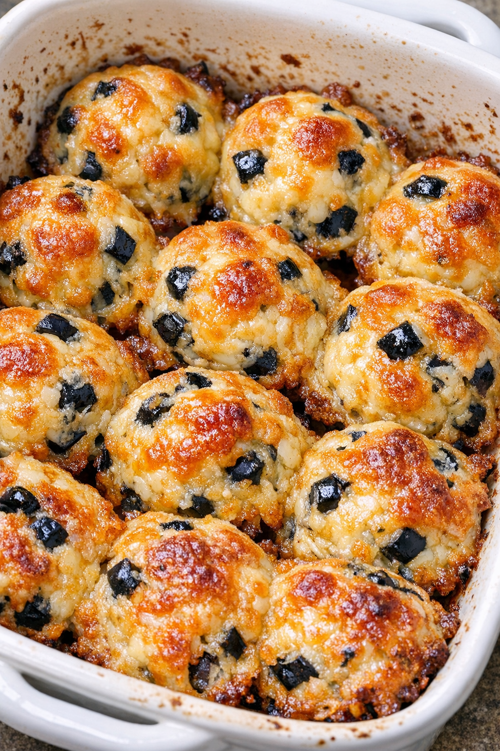 Low carb olive cheese bombs baked until golden in a ceramic casserole dish