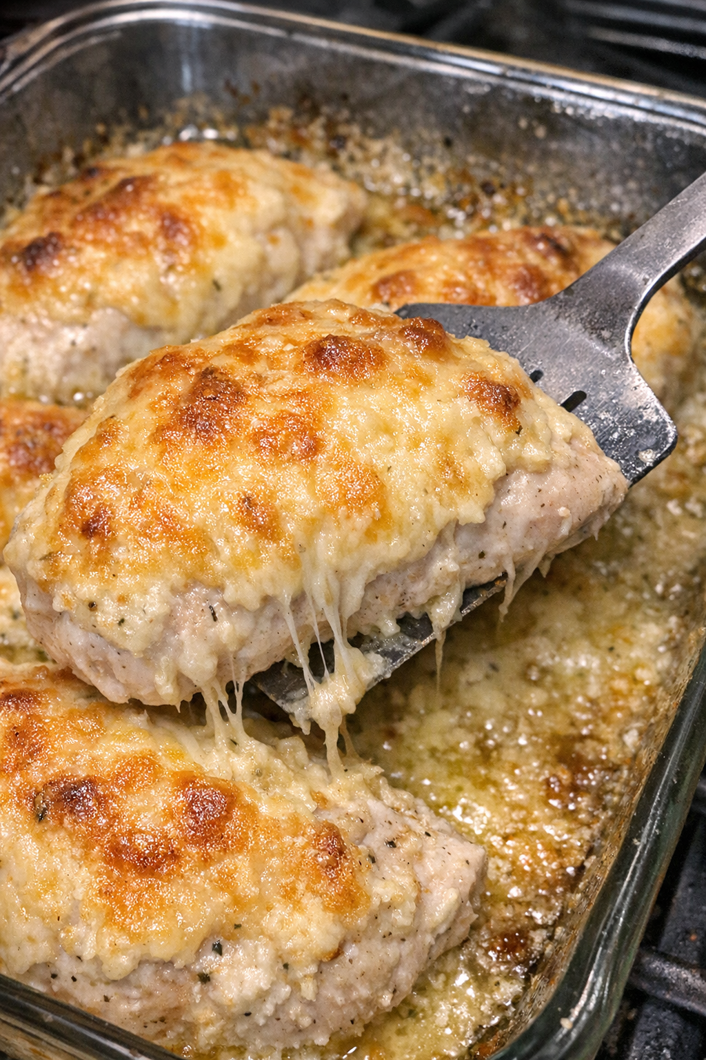 Baked chicken breasts with golden cheese topping in glass baking dish