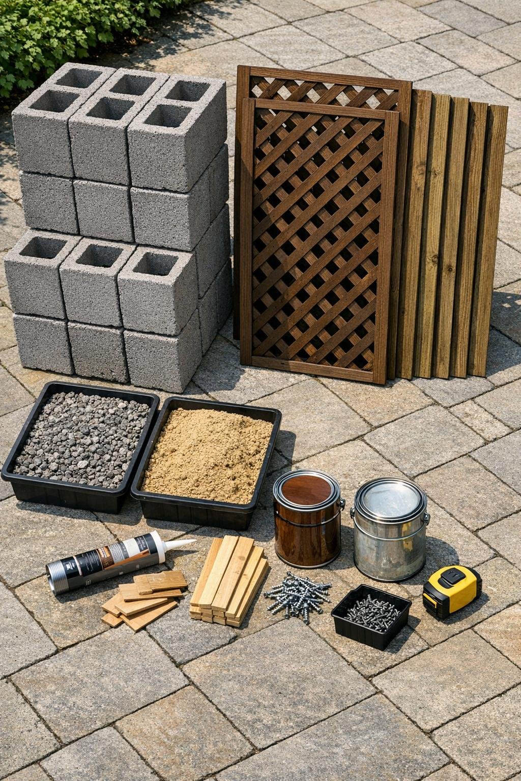 Materials for a cinder block and wooden lattice privacy screen laid out outdoors