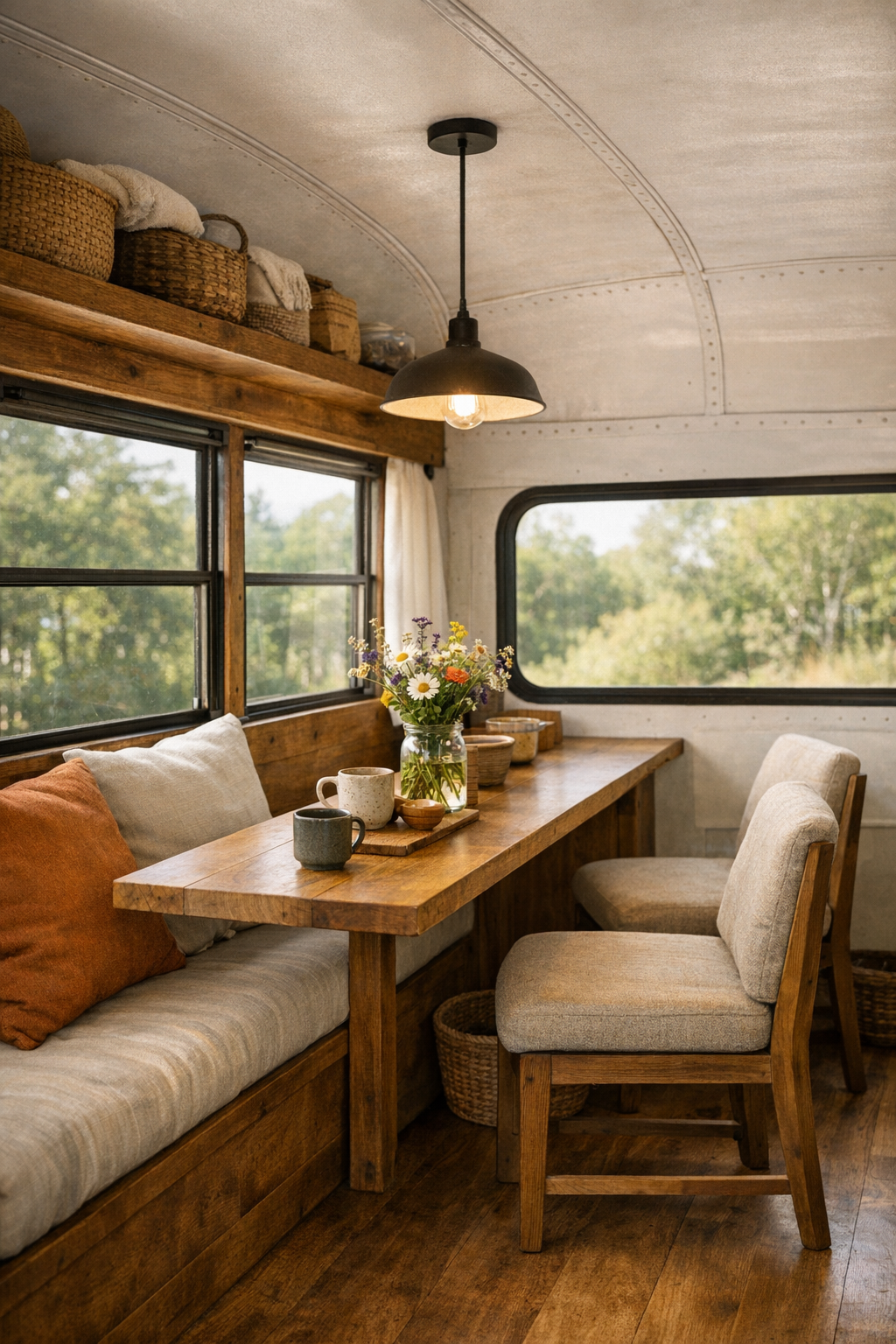 Built-in dining nook inside a converted bus with a slim table by the windows