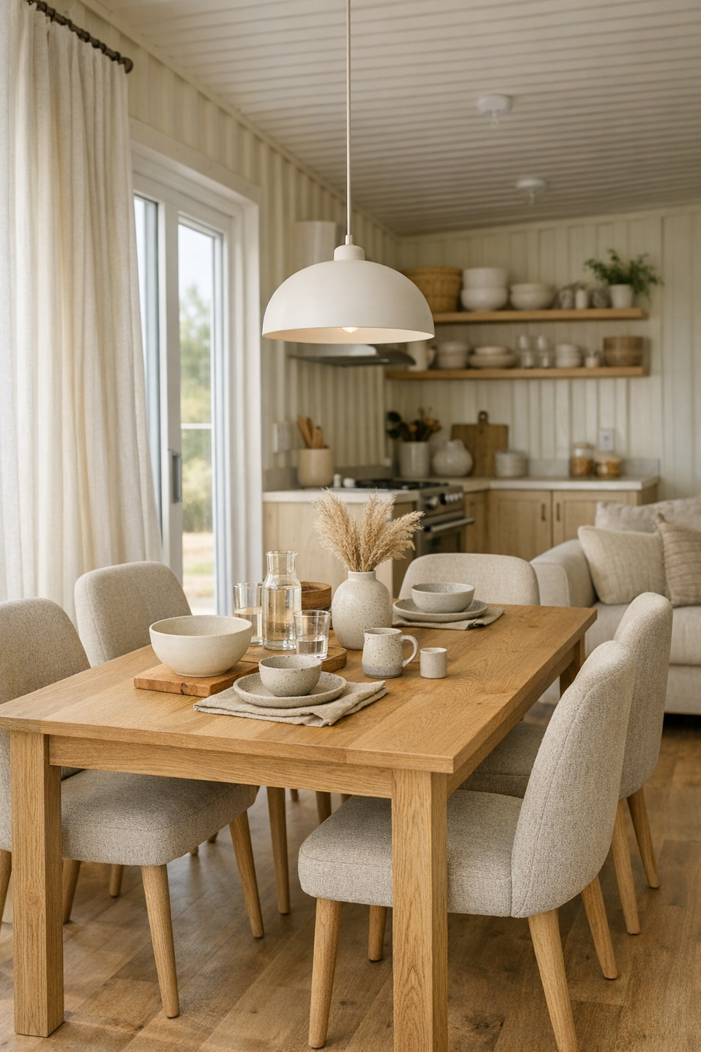 Light oak dining area with soft upholstered chairs and gentle window light