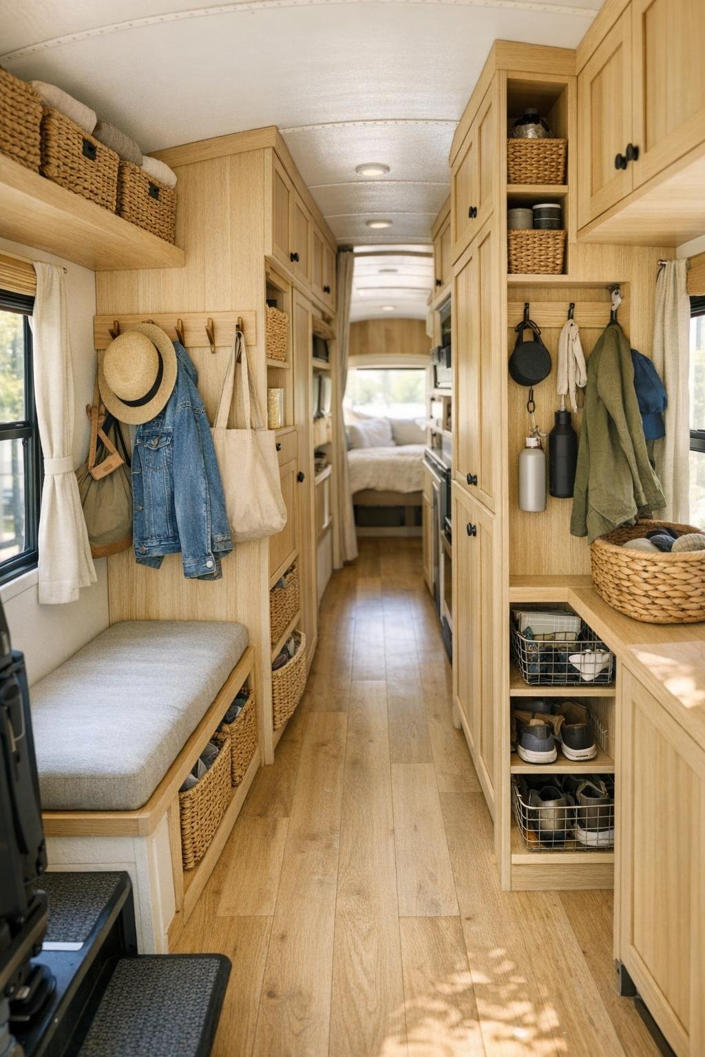 Narrow converted bus hallway and entry area with smart built-in storage and warm wood finishes