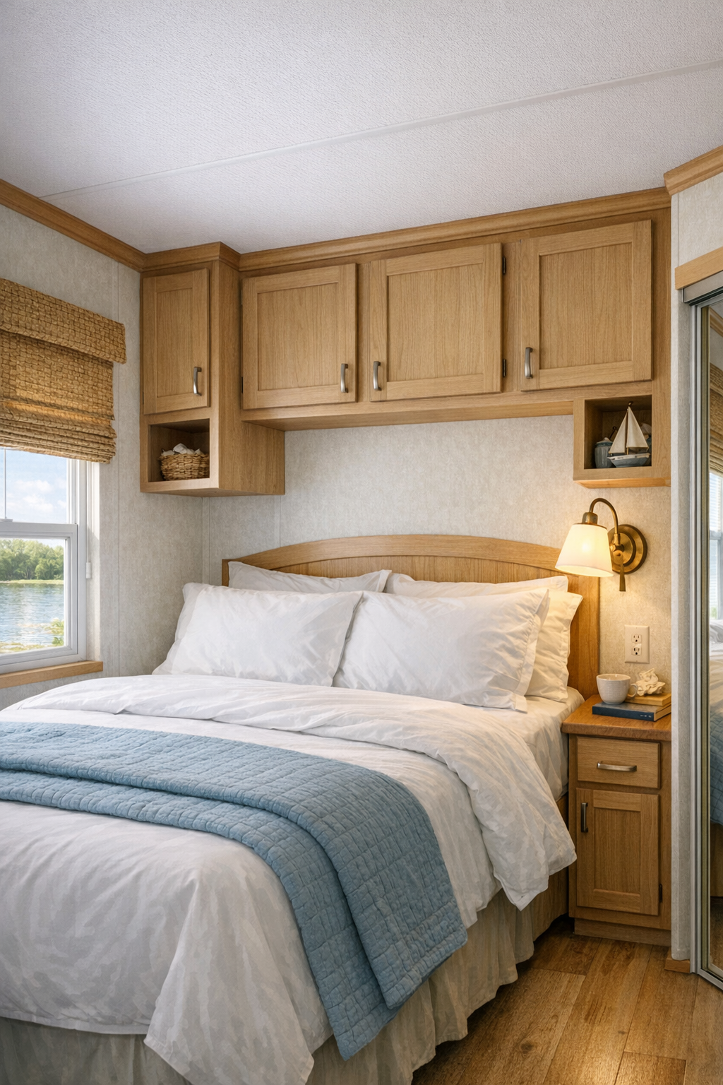 Serene coastal bedroom with white bedding, blue accents, and built-in storage