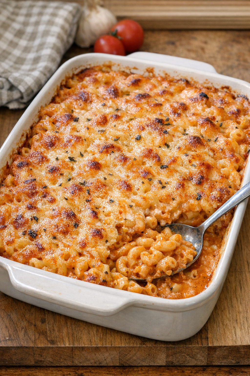 Baked roasted tomato cream macaroni in a casserole dish