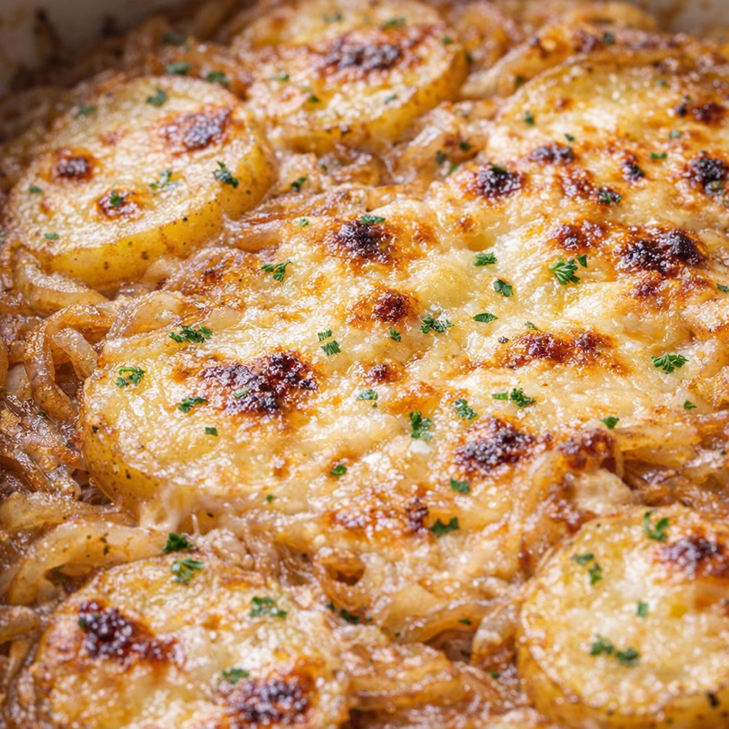 Golden browned cheese top on cooked French onion potatoes