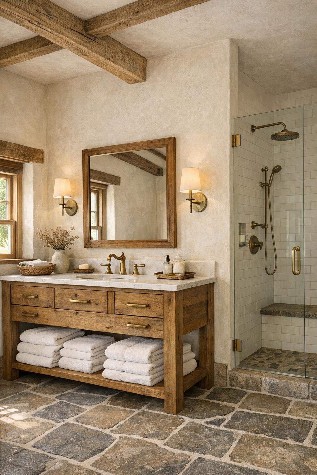 Calm farmhouse bathroom with stone finishes, a wood vanity, and warm brass fixtures