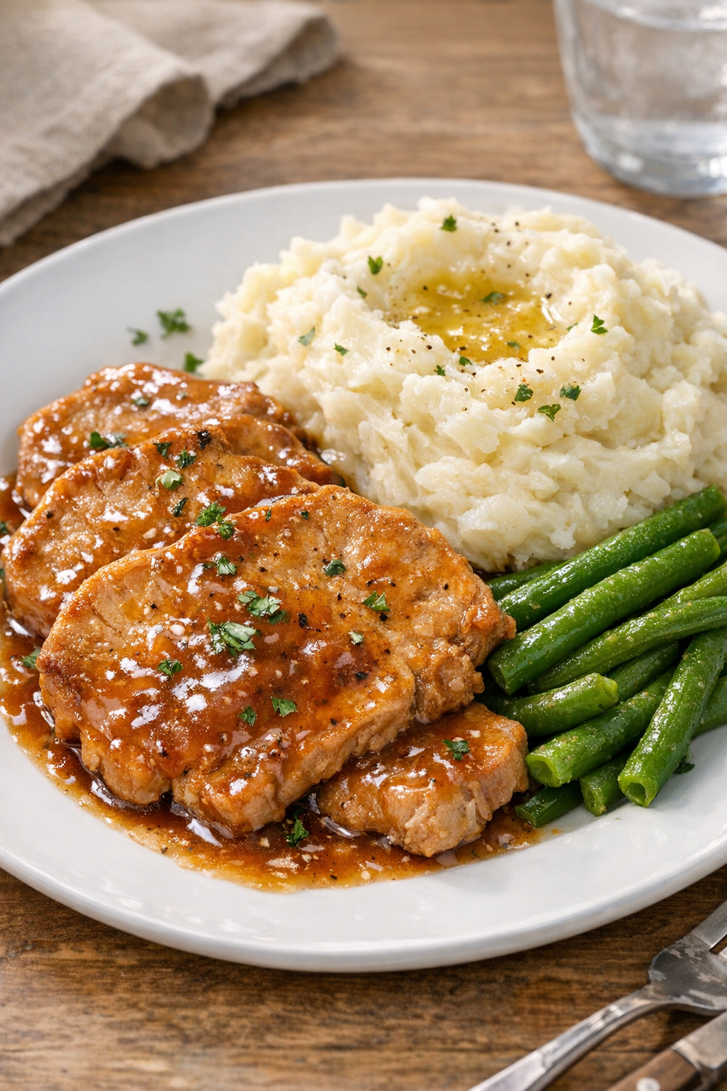 Plated slow cooker pork chops with mashed potatoes and green beans