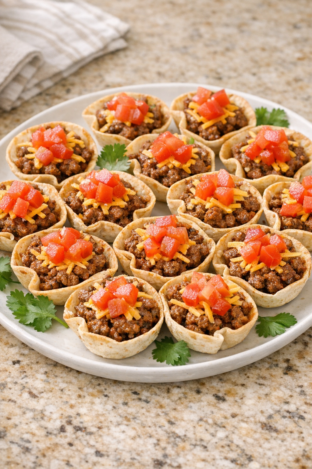 Finished beef taco bites plated on a serving platter