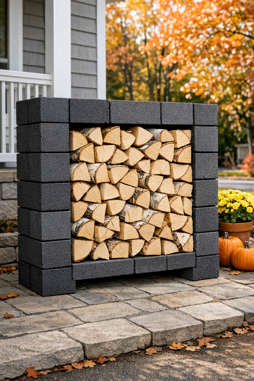 Finished birch log display inside a charcoal cinder block frame by a porch