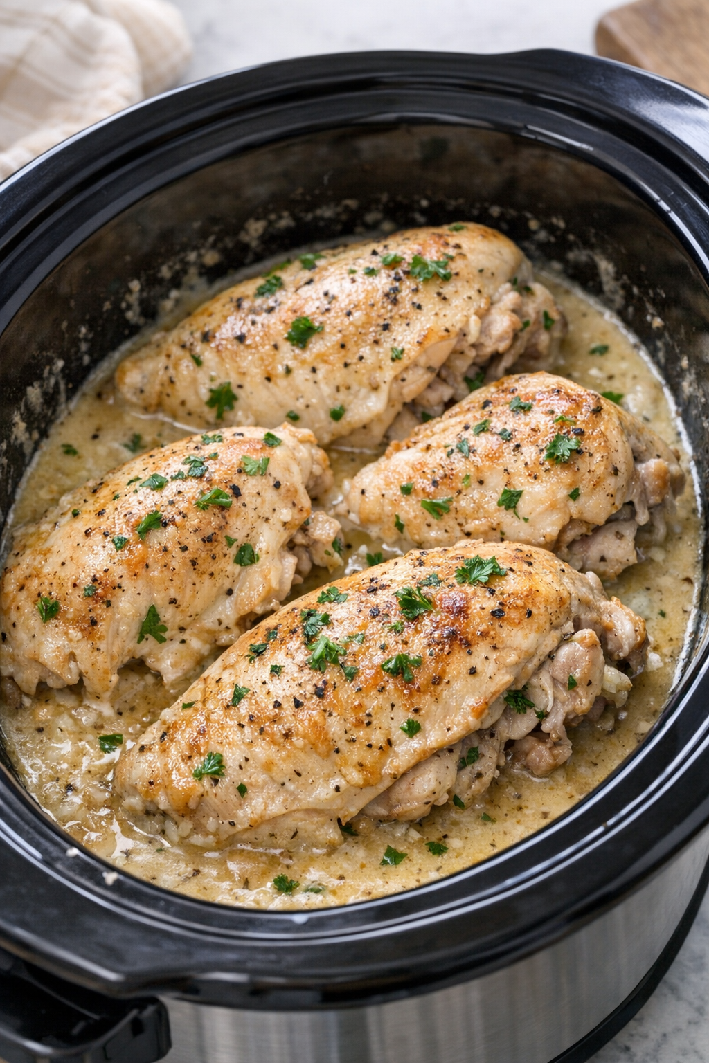 Cooked chicken in creamy sauce inside the slow cooker