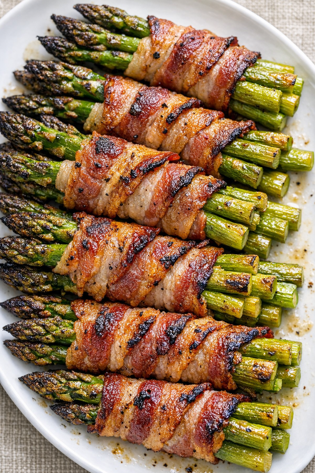 Low carb bacon-wrapped asparagus roasts on a serving platter