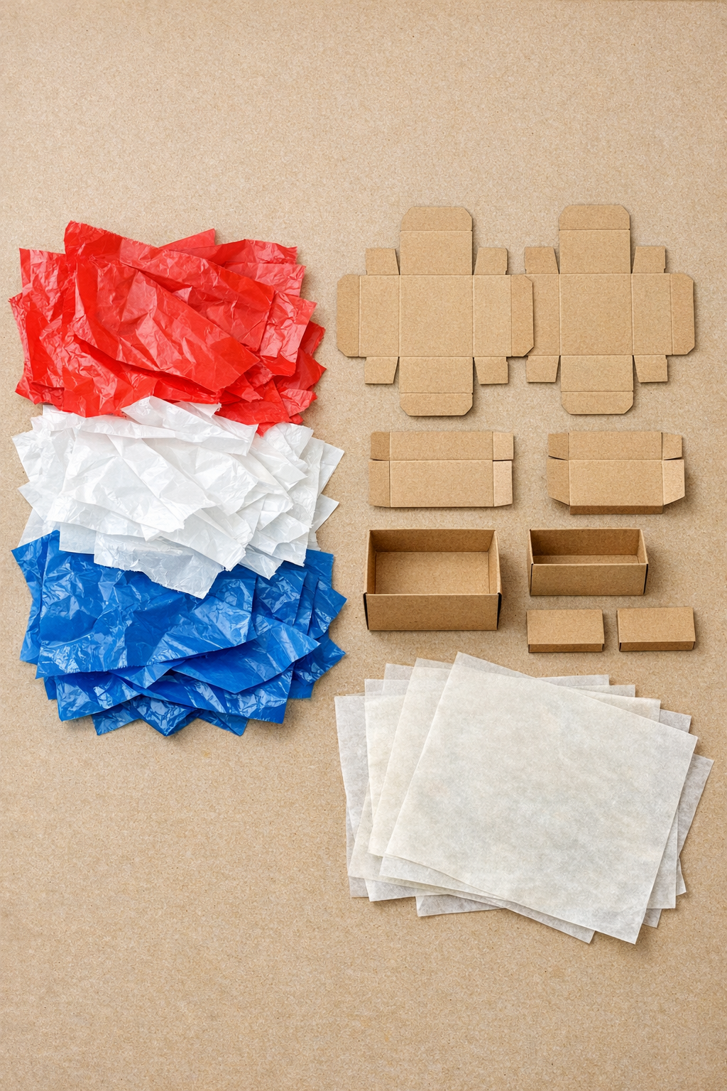 Red, white, and blue plastic tablecloth pieces, parchment paper, and cardboard box forms laid out on a table