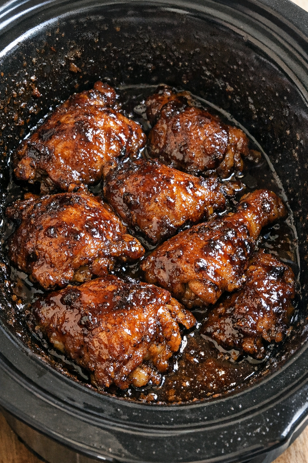 Slow cooker apple butter chicken in a black slow cooker
