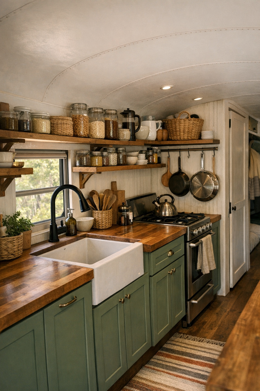 Efficient bus kitchen with butcher block counters, open shelving, and muted green cabinetry