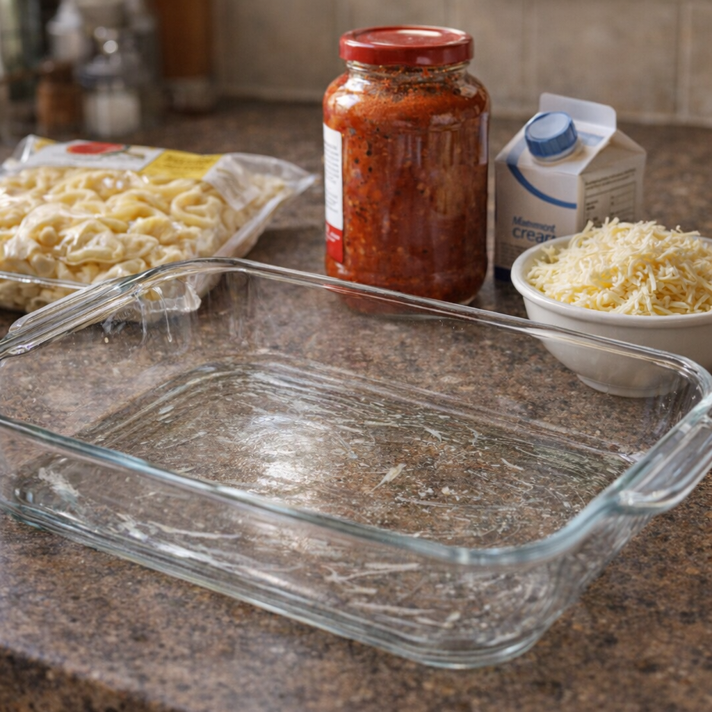 Greased glass baking dish beside casserole ingredients