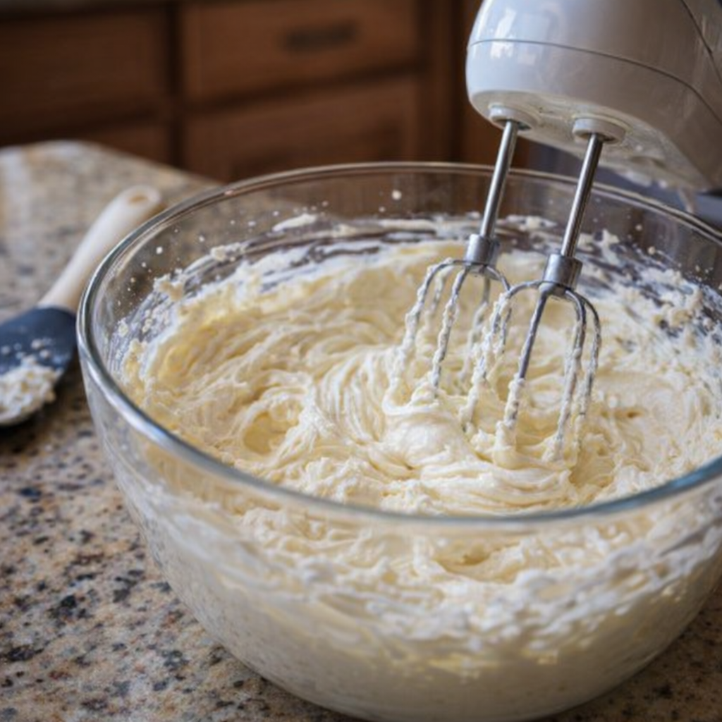Cream cheese being mixed in a bowl with a hand mixer