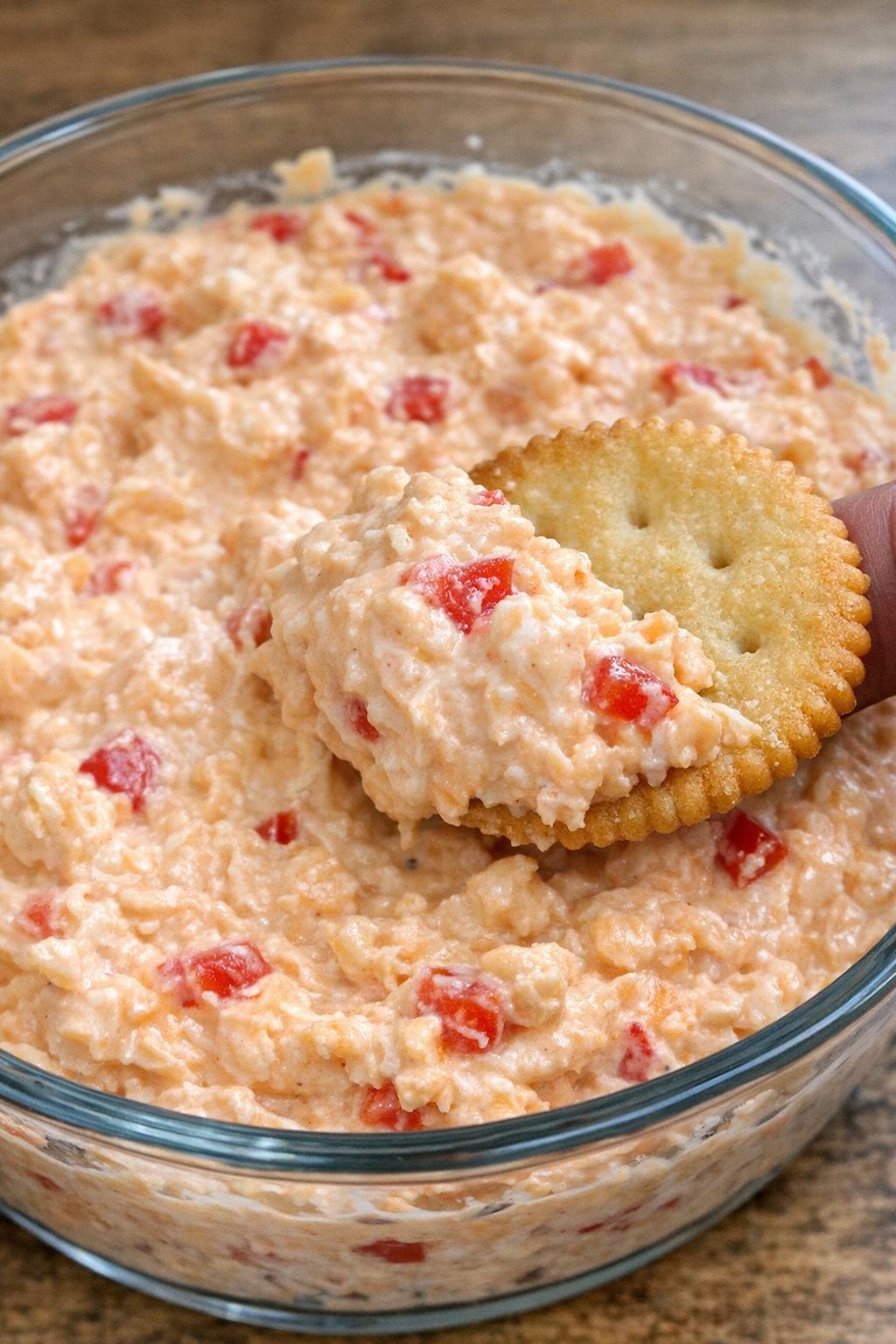 3-ingredient pimento holloway dip in a glass bowl with a cracker scooping