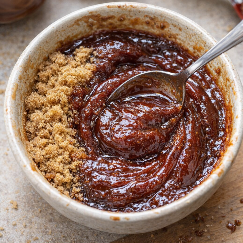 Barbecue sauce and brown sugar mixed in a bowl