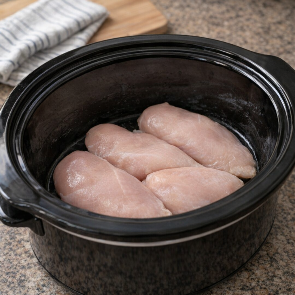 Chicken breasts arranged in a slow cooker
