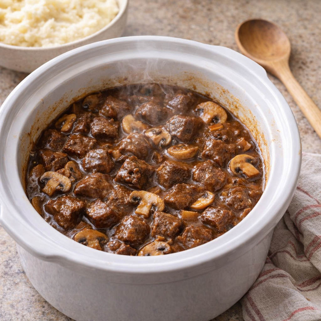 Rundvleesblokjes uit de slowcooker in champignonjus, geserveerd op een landelijk gedekte tafel.
