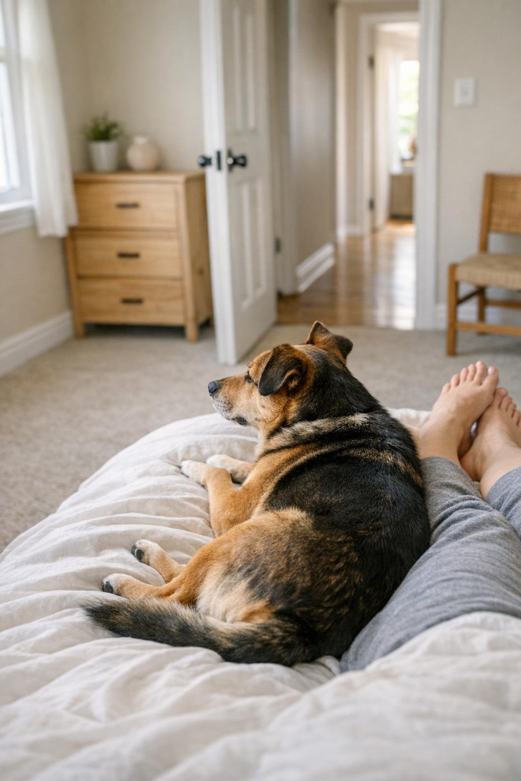 A dog lying against legs while facing the bedroom door