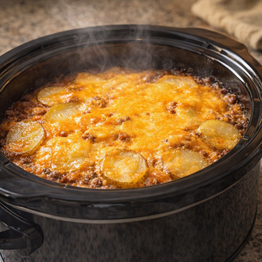 Melted cheddar bubbling on top of the finished casserole