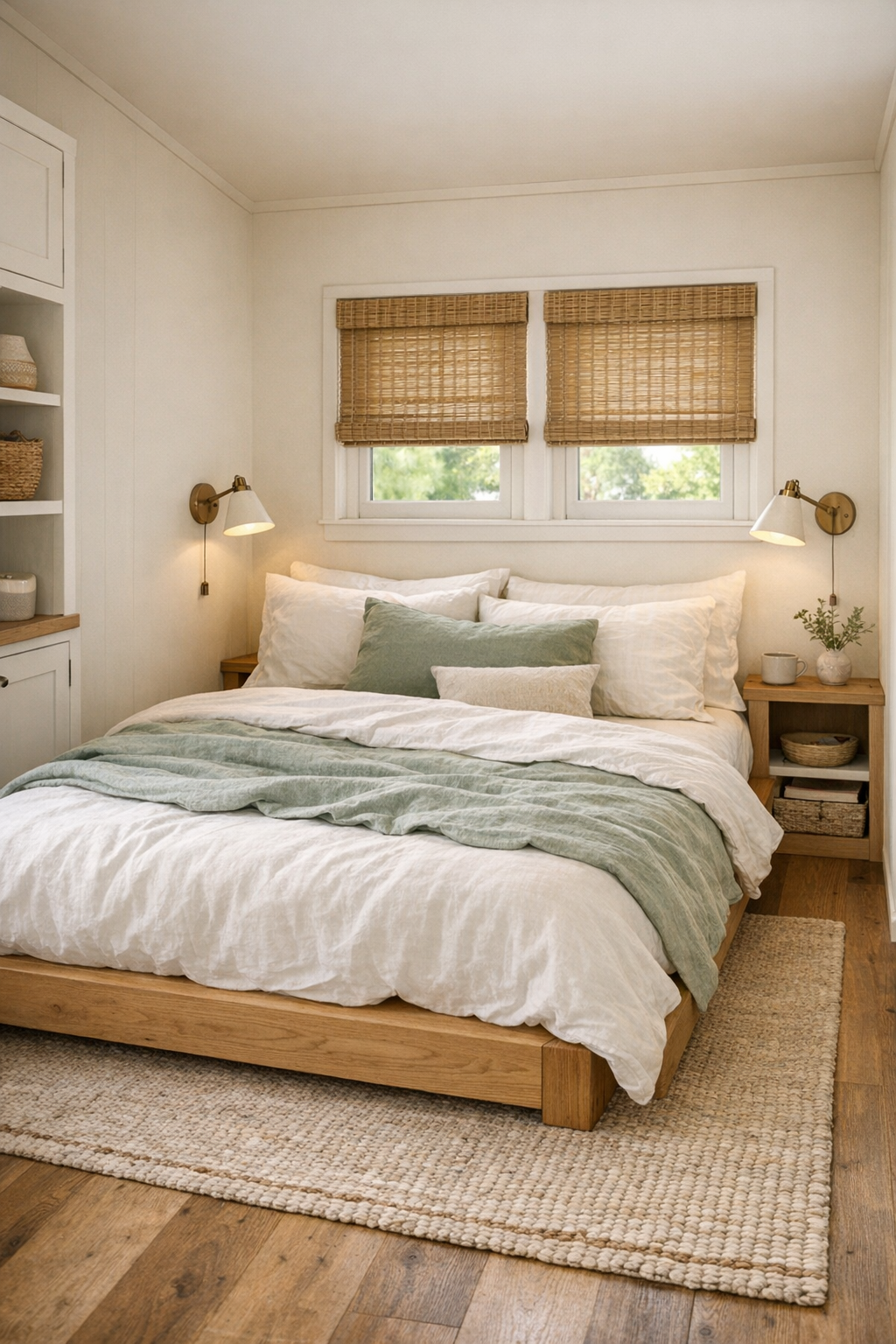 Calm tiny home bedroom with oak bed and soft sage bedding